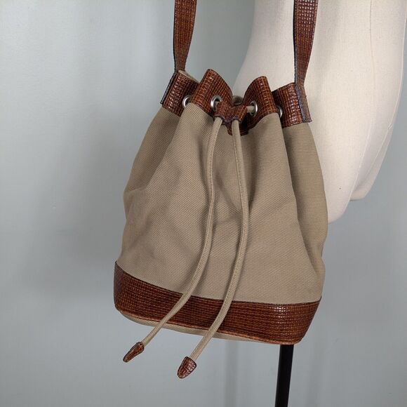 Vintage Talbots Bucket Bag Tan Brown Y2K Handbag Purse Leather Canvas Crossbody - Picture 2 of 16